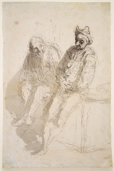 Dva Saltimbanques, cca 1865-73 (černo-šedý inkoust, šedá barva na papíře) od Honoré Daumier