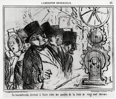 Univerzální výstava: točna určená k pečení kuřat o síle dvaceti devíti koní. Ilustrace Honore Daumier (1808-1879), publikovaná v novinách „“ Charivari“ z 20. července 1855. od Honoré Daumier