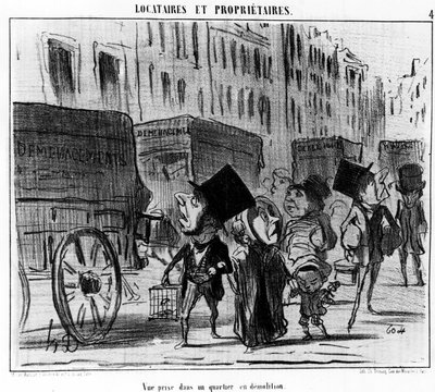 Pohled pořízený v demoliční čtvrti, převzatý z „“ Tenants et Proprietaires“, kreslený seriál od Honore Daumier (1808-1879). "Serenáda" od Honoré Daumier
