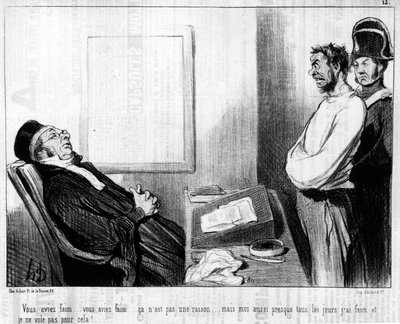 Měl jsi hlad... měl jsi hlad... to není důvod... ale skoro každý den mám hlad a nelétám pro to!... , ze série „Gens de Justice“, karikatury o spravedlnosti od Honore Daumier (1808-1879). "Serenáda" od Honoré Daumier