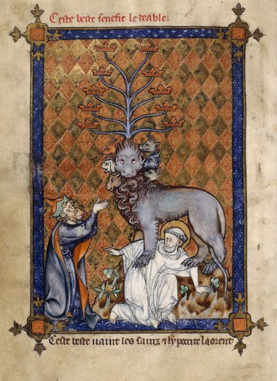 Přidat. 54180, f.14v Zvíře z Apokalypsy, pošlapává světce a zbožňuje ho klečící pokrytec, ilustrace z „La Somme le Roy“ od Frère Laurenta (inkoust, barva a zlato na pergamenu) od Honoré Maître