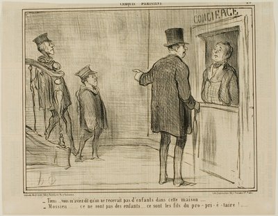 "- Ale řekla jsi mi, že děti do tohoto domu nesmějí... - Pane, to nejsou děti... to jsou synové majitele!...," deska 23 z Croquis Parisiens, - par Daumier od Honoré Victorin Daumier