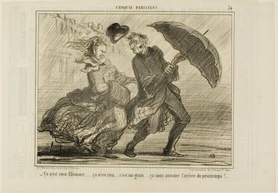 "- Neboj se, Eleonore... nic to není, je to jen malý vítr, který ohlašuje příchod jara," talíř 34 z Croquis Parisiens od Honoré Victorin Daumier