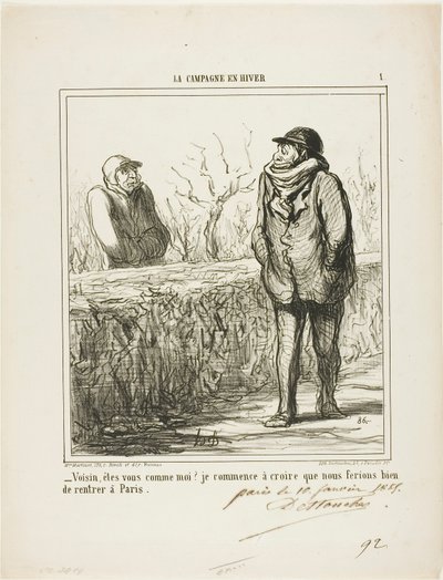 "- Dobrý den, sousede, jste jako já Začínám věřit, že by bylo dobré vrátit se do Paříže," deska 1 z knihy La Campagne En Hiver od Honoré Victorin Daumier