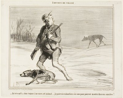 "- Zajímalo by mě, proč mě ta bestie pořád pronásleduje... Klidně zaplatím 6 sous za to, že naskočím do autobusu," deska 1 z knihy Émotions De Chasse od Honoré Victorin Daumier
