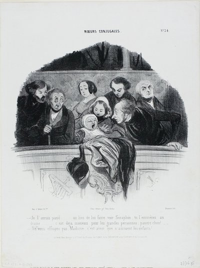 "- Na to bych si vsadil... místo abys ho vzal k Séraphinovi, vezmeš ho do drama.... už tak je to pro dospělé dost špatné, chudáček malý!... - Nebojte se, madam, takhle se baví děti," talíř 34 z Moeurs Conjugales. od Honoré Victorin Daumier