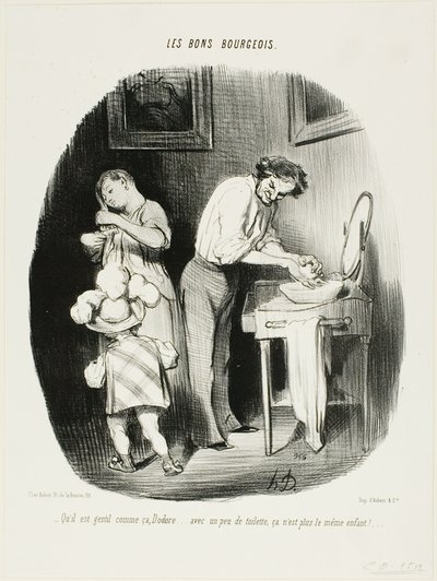 "- Není tak roztomilý, Dodore... s trochou úklidu už to není to samé dítě!...," talíř 37 z Les Bons Bourgeois od Honoré Victorin Daumier