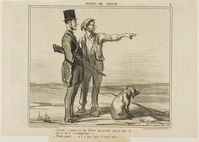 "- Poslouchej... Viděl jsem tam zajíce... - Je to už dávno - Vůbec ne... bylo to před necelými třemi měsíci...", deska 2 z Croquis De Chasse od Honoré Victorin Daumier
