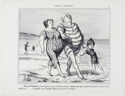 "- Madame Prudhomme, nespěchejme, připomeňme si, že důstojnost by měla vévodit všem životním úkonům... jen důstojnost odlišuje člověka od ostatních zvířat," deska 2 z Croquis Aquatiques od Honoré Victorin Daumier
