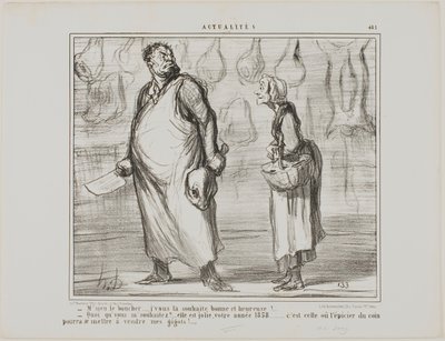 "- Pane řezníku, přeji vám šťastný a zdravý nový rok... - Cože Ten bude pěkný, tenhle rok 1858... každý obchodník s potravinami za rohem bude moci prodávat moje skopové!", talíř 481 z Actualités od Honoré Victorin Daumier