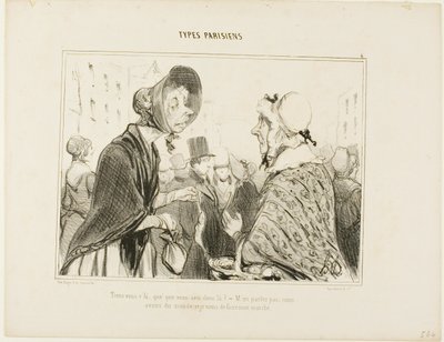 "- Aha, tady jsi..... co to tam máš...... - Nebudeme o tom mluvit.... máme hosty a já jsem právě nakoupila," talíř 6 z Types Parisiens od Honoré Victorin Daumier