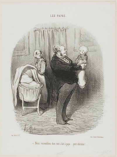 "- Opravdu vypadáme jako tatínek, že ano... malý Cherubín!", deska 14 od Les Papas od Honoré Victorin Daumier