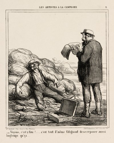 "- Tak co, už jsi konečně skončil... přece jen je to únavné odpočívat tak dlouho," talíř 1 z Les Artistes A La Campagne od Honoré Victorin Daumier