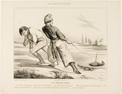 Obtížná navigace. "- Loď se nehýbe! Táhni, Dumouchele, táhni...., proč k čertu netáhneš! - Ale já už tři hodiny nedělám nic jiného než tohle!.... a tomuhle se říká výlet za zábavou! Raději bych prodával švestky v rue de la Verrer. od Honoré Victorin Daumier