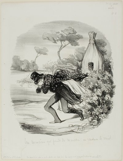 Pán, který chtěl příliš zblízka studovat zvyky včel, deska 6 z Pastorales od Honoré Victorin Daumier