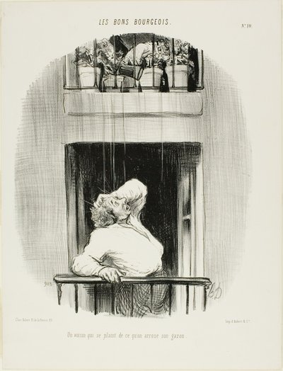 Soused si stěžuje na zalévání trávníku, desátý talíř z knihy Les Bons Bourgeois od Honoré Victorin Daumier