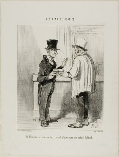 Obhájce u Rozhodčího soudu při jednání v jeho obvyklých kancelářských prostorách, deska 27 od Les Gens De Justice od Honoré Victorin Daumier