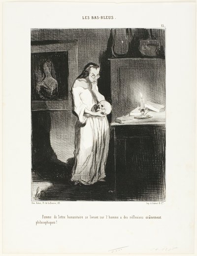 Humanistická spisovatelka, která se oddává mozkovým filozofickým úvahám na téma člověk!, deska 15 z knihy Les Bas-Bleus od Honoré Victorin Daumier