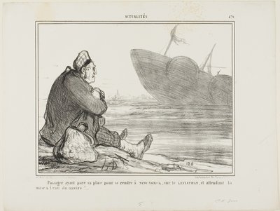 Cestující, který si zaplatil jízdenku do NEW YORKU na lodi LEVIATHAN, čeká, až loď konečně spustí na vodu, deska 479 z Actualités od Honoré Victorin Daumier