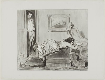 Horlivý student cvičí doma, deska 6 z knihy Les Baigneuses od Honoré Victorin Daumier
