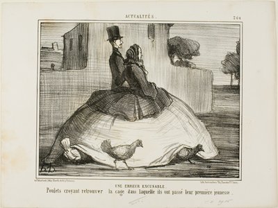 Omluvitelná chyba. Slepice si myslí, že našly klec, ve které strávily rané dětství, deska 21 z knihy La Crinolomanie od Honoré Victorin Daumier