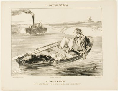 Nepříjemné setkání. "Bernardel, Bernardel! Přijíždí parník... potopíme se!", deska 16 z knihy Les Canotiers Parisiens od Honoré Victorin Daumier