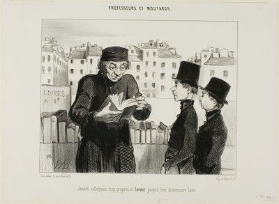 Čistí mladí středoškoláci, dokonce se snaží prodat svůj latinský slovník, deska 24 z knihy Professeurs et Moutards (Profesoři a darebáci) od Honoré Victorin Daumier