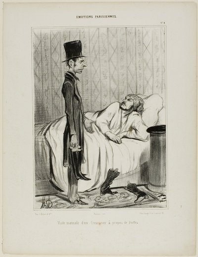 Ranní návštěva věřitele ohledně bot, deska 4 z knihy Émotions Parisiennes od Honoré Victorin Daumier