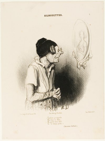 "Jak moc toho lituji. Mé ruce kdysi tak silné, mé nohy nikdy tlusté a nic se nezkazilo" (stará píseň), deska 1 ze Siluet. od Honoré Victorin Daumier