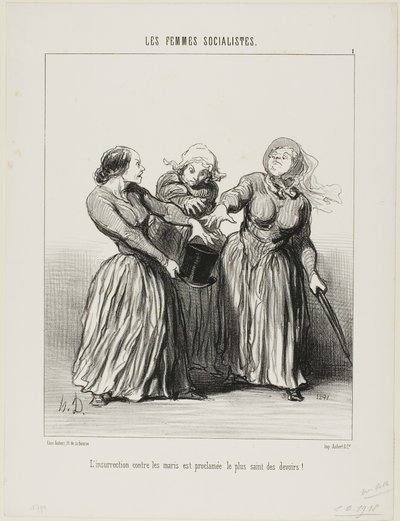 Vzpoura proti manželům je prohlášena za první a nejsvětější povinnost v životě!, deska 1 z Les Femmes Socialistes od Honoré Victorin Daumier