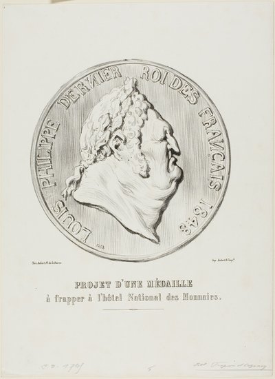 Ludvík Filip, poslední francouzský král 1848. Návrh na medaili, kterou má vyrobit Národní mincovna od Honoré Victorin Daumier
