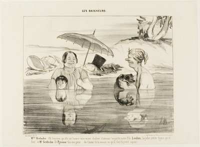 Paní Greluche: "Ach, Gustave, jak je to dobré! Opravdové uklidňující teplo! Podívejte se na našeho syna Louloua, jak se roztomile tváří!" Pan Greluche: "A Pyramus, ten se bojí, bojí se jako pes. Kdybyste jen věděli, co právě teď dělá, ten malý rošťák," tal od Honoré Victorin Daumier