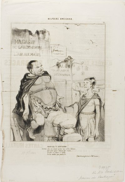 Marius v Kartágu. Vojáku, řekni senátu, že ve své vznešené chudobě jsem si vzal za křeslo zříceninu A kdybych byl v Sylle, neseděl bych tu. (slovní hříčka připisovaná M. Cousinovi), deska 35 z knihy Histoire Ancienne. od Honoré Victorin Daumier