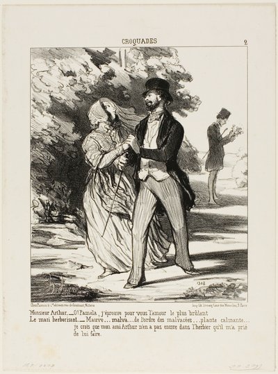 Monsieur Arthur: "- Ach, Pamelo! Hořím k tobě láskou!" Manžel bylinkář: "z čeledi Malvaceae... sedativum... Nevěřím, že můj přítel Arthur má tento exemplář v herbáři, který mě požádal, abych pro něj sestavil," deska 2 fro od Honoré Victorin Daumier