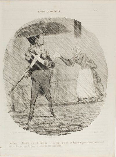 "Monsieur, Monsieur, tady je váš kapesník. Madame na něj dala kolínskou vodu a říkala, že byste se měl u strážného zeptat, jestli byste mohl dostat ohřívač nohou," talíř 47 z knihy Moeurs Conjugales od Honoré Victorin Daumier