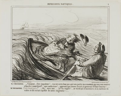 Pan Prudhomme: "- Protivné vlny.... copak nevíš, koho máš v tuhle chvíli na krku... ó drzoune... věz, že tě jako Xerxes strašlivě zbičuju. Mme Prudhomme: (třesoucí se strachy) "- Prosím tě, můj drahý příteli, neurážej už moře... ty od Honoré Victorin Daumier