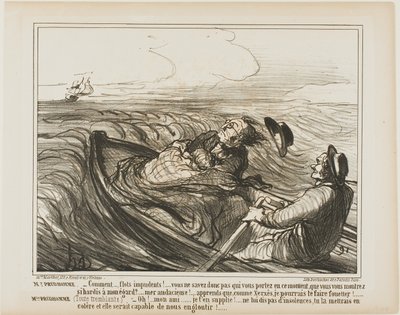 Pan Prudhomme: "- Protivné vlny.... copak nevíš, koho máš v tuhle chvíli na krku... ó drzoune... věz, že tě jako Xerxes strašlivě zbičuju." Mme Prudhomme: (třesoucí se strachy) "- Prosím tě, můj drahý příteli, už neurážej moře... ty od Honoré Victorin Daumier
