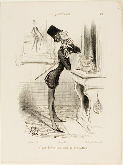"A sakra! Zdá se, že neumím uvázat uzel!" talíř 4 z Coquetterie od Honoré Victorin Daumier