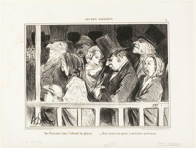 Pařížané se těší na zábavu. Dvě hodiny ve frontě před každým divadlem ve městě, talíř 1 z Les Bons Parisiens. od Honoré Victorin Daumier