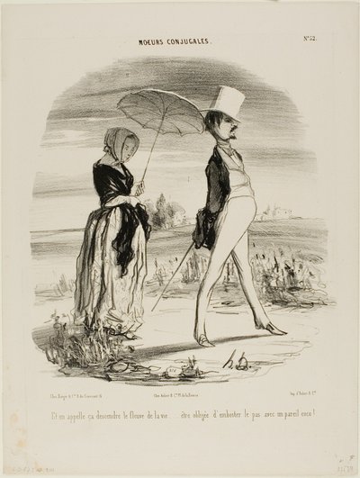 "Tak tomuhle se říká jít za proudem života..... být nucen kráčet s takovým bláznem!," deska 52 z Moeurs Conjugales od Honoré Victorin Daumier