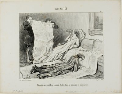 Předplatitelé se snaží vypořádat se svými novinami, deska 115 z Actualités od Honoré Victorin Daumier
