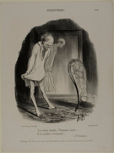 Bavlněné šaty padají, člověk zůstává a tele mizí (J. B. Rousseau), deska 10 z knihy Coquetterie od Honoré Victorin Daumier