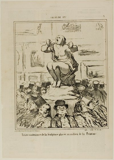 Nelibost sochy umístěné uprostřed výstavy obrazů, deska 5 ze Salonu 1857 od Honoré Victorin Daumier