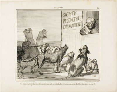 Psi opět propadají zoufalství poté, co se dozvěděli, že přece jen bude nová daň ze psů, talíř 171 z Actualités od Honoré Victorin Daumier