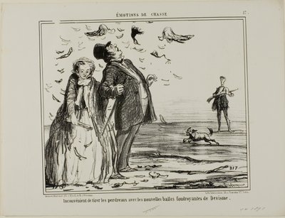 Nevýhoda střelby na mladé koroptve novými výbušnými střelami Devisme, deska 17 z časopisu Émotions De Chasse od Honoré Victorin Daumier