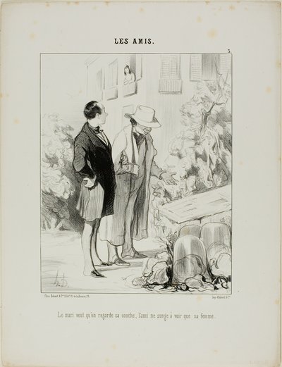 Manžel chce, aby se podíval na jeho teplé lůžko, přítel sní jen o tom, že uvidí svou ženu, deska 3 z Les Amisa od Honoré Victorin Daumier