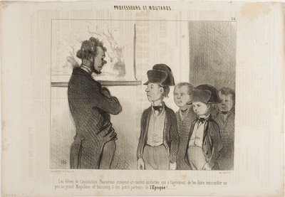 Žáci Institutu Pascareau si zkoušejí novou školní uniformu, ve které vypadají trochu jako velký Napoleon a hodně jako malí novináři, talíř 25 z Professeurs Et Moutards. od Honoré Victorin Daumier