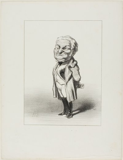 Thiers. Občan Thiers si zkouší nový plášť, který mu právě poslal Babin, deska 4 z časopisu Les Représentans Représentés od Honoré Victorin Daumier