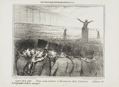 Pohled do velkého sálu. Mapa, výška a pohled zepředu na dirigenta. Velké spojenectví telegrafu a hudby, deska 1 ze Souvenir Du Grand Festival Des Orphéonistes. od Honoré Victorin Daumier