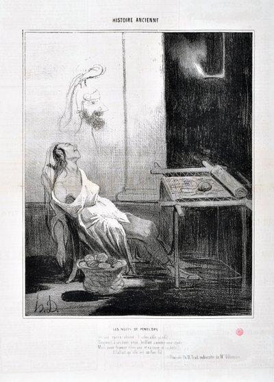 Umělecké dílo od Honore Daumier (1808-1879) Charivari pochází z roku 1842: Serie HISTORIE ANCIE Les Nuits de Penelope „“ Z jejího spooux nepřítomného rozkošného profilu Forever se svým sladkým očima zářila jako hvězda Účel utkat tři roky a její mazanost a  od Honoré Daumier
